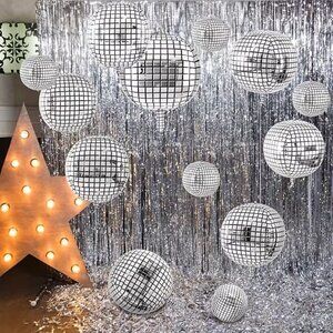 30pcs Disco Ball Balloons Silver 4D Foil Party Decor 32 22 10 Inch Set